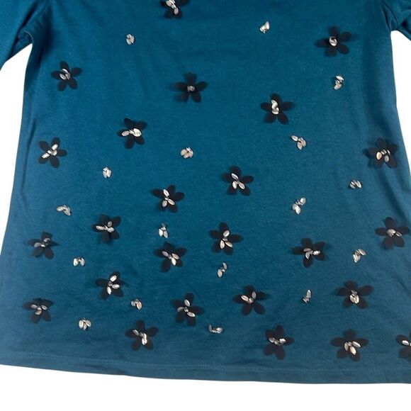 Ann Taylor Teal Short Sleeve Top S Floral Sequin Appliqué Back Zip (317) - Picture 3 of 9
